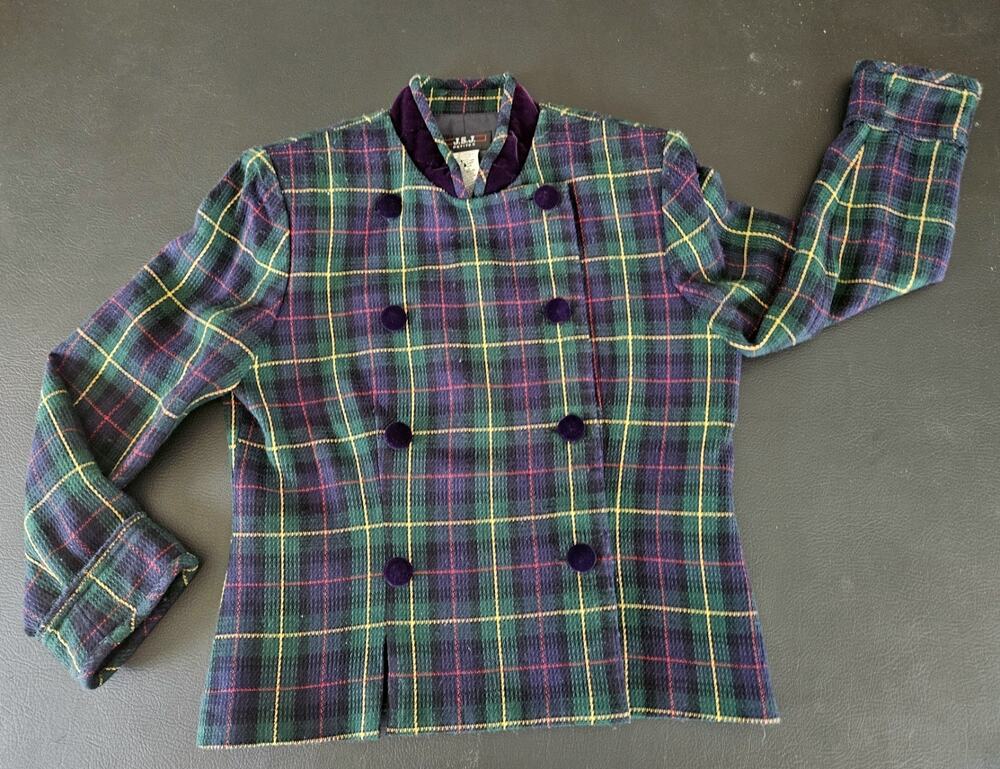 J.S.J. Petites Women's Vintage Houndstooth Button Jacket Navy Green Size 10P